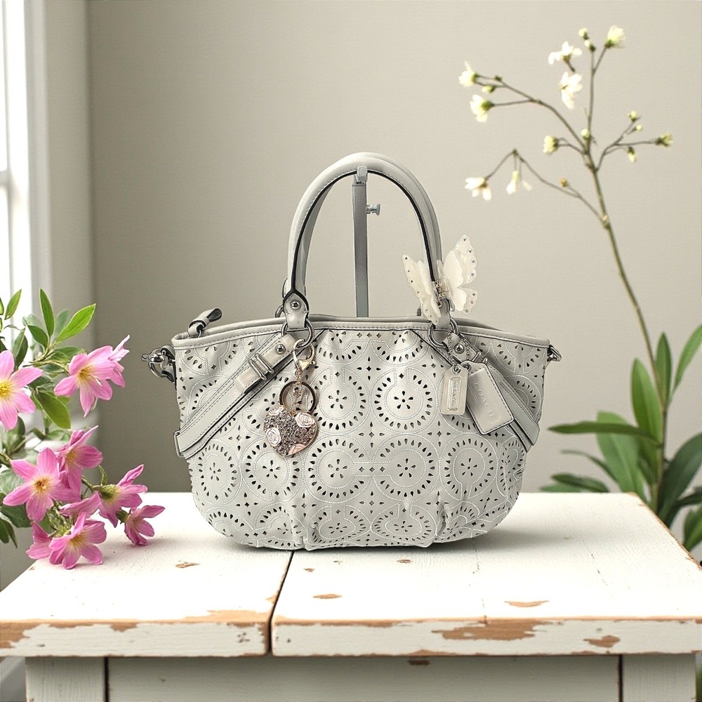 Coach Madison Gray Laser Cut Leather Satchel Crossbody Bag